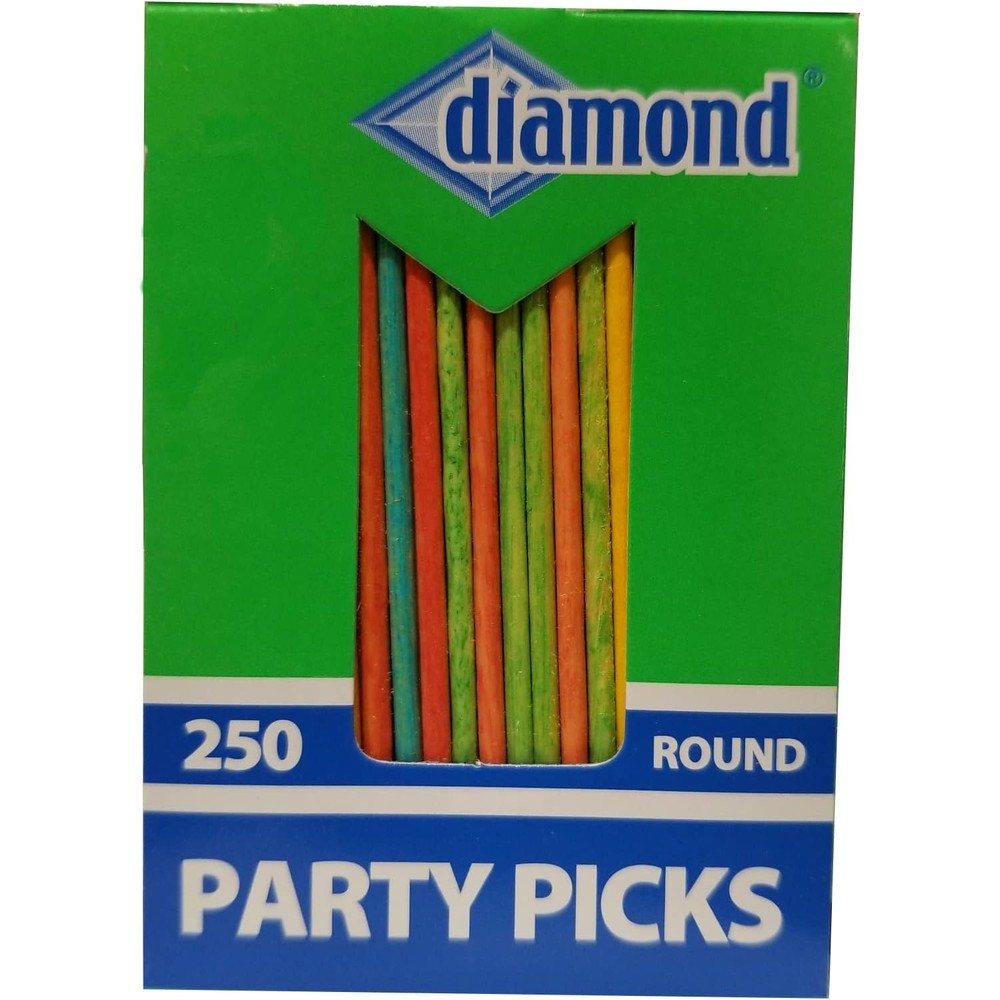 Diamond Round Colored Party Toothpicks front view 250 count wooden appetizer picks.