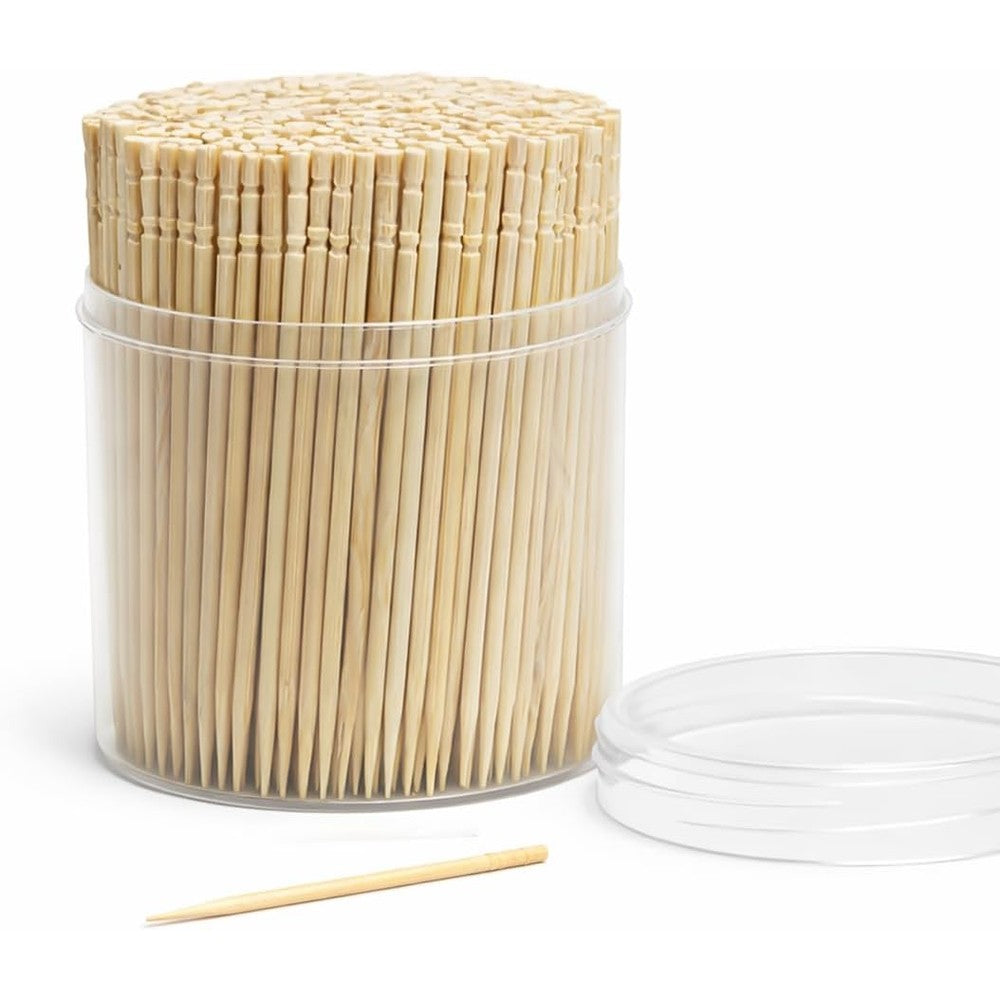 BambooMN traditional single point wooden toothpicks front view clear container packaging