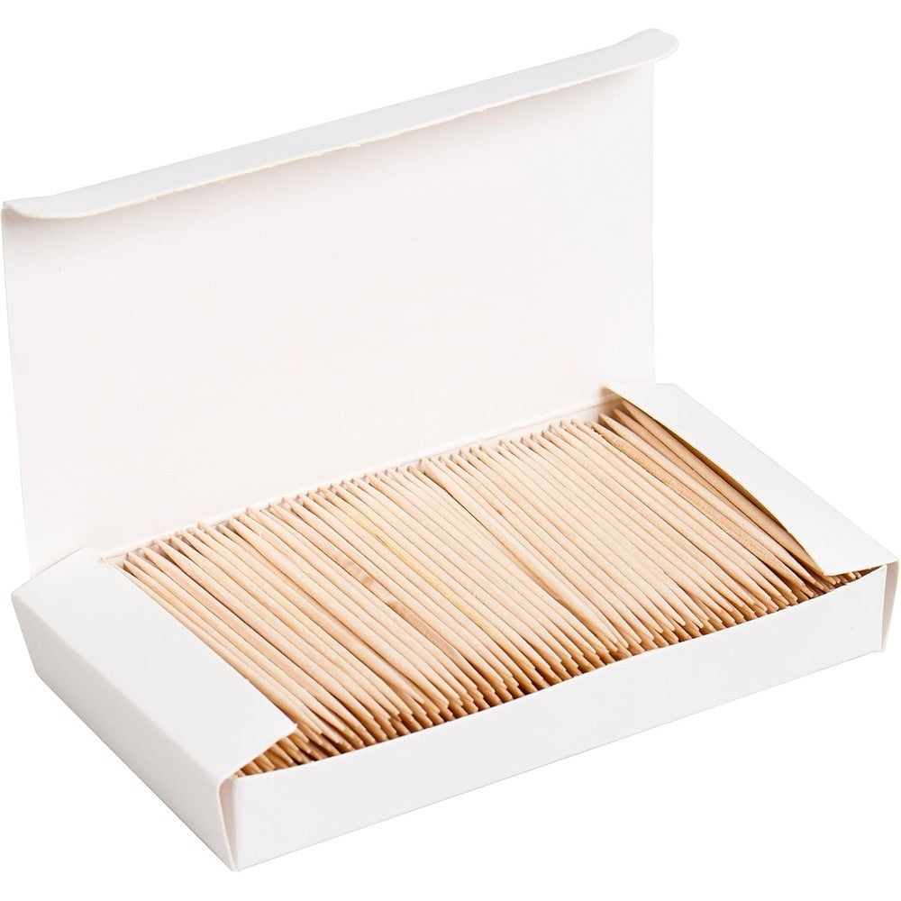ANTETOK premium wooden toothpicks front view of the packaging container displaying natural wood sticks.