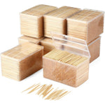 Jerify bamboo wooden toothpicks front view showing four clear plastic storage boxes packed with premium double sided round toothpicks.