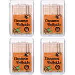 Mumufy cinnamon toothpicks front view showing four clear plastic boxes filled with wooden toothpicks