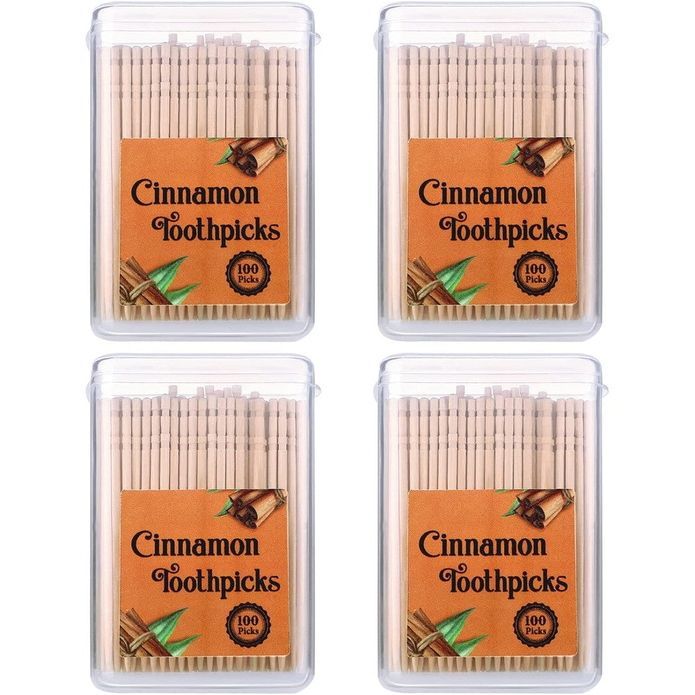 Mumufy cinnamon toothpicks front view showing four clear plastic boxes filled with wooden toothpicks