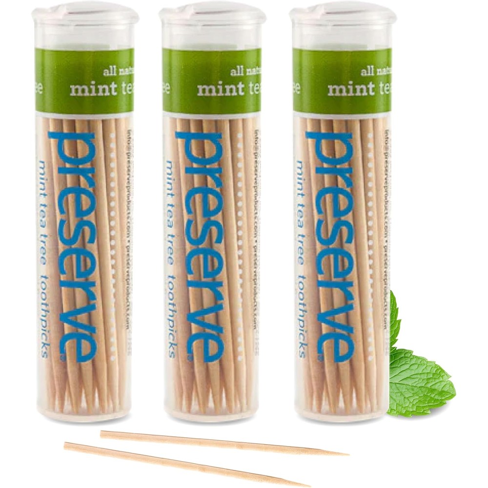 Preserve Mint Tea Tree Toothpicks front view three pack travel cases