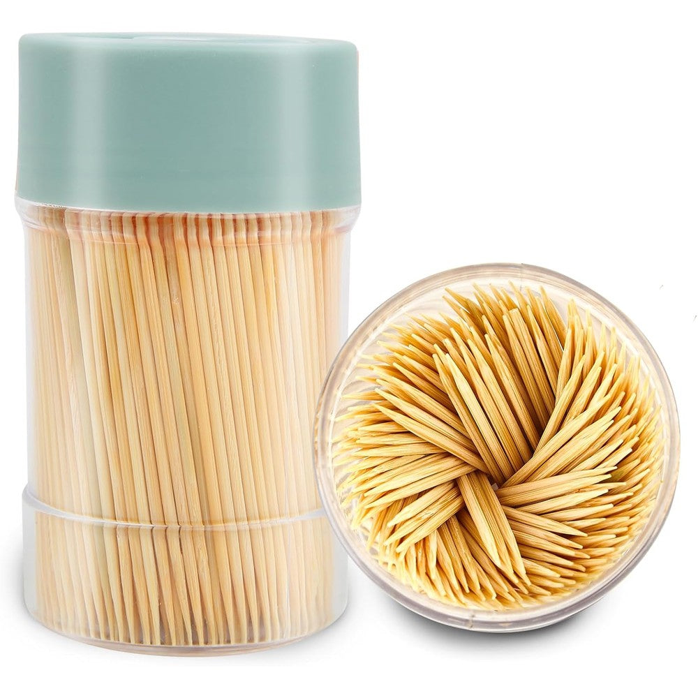 TRTRin Bamboo Toothpicks front view with green reusable holder.
