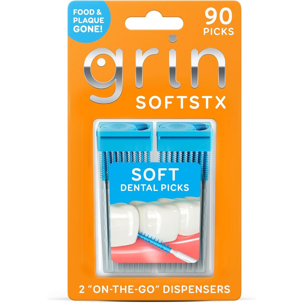 Grin Softstx Gentle Dental Picks ninety count front packaging view showing mint flavor details.