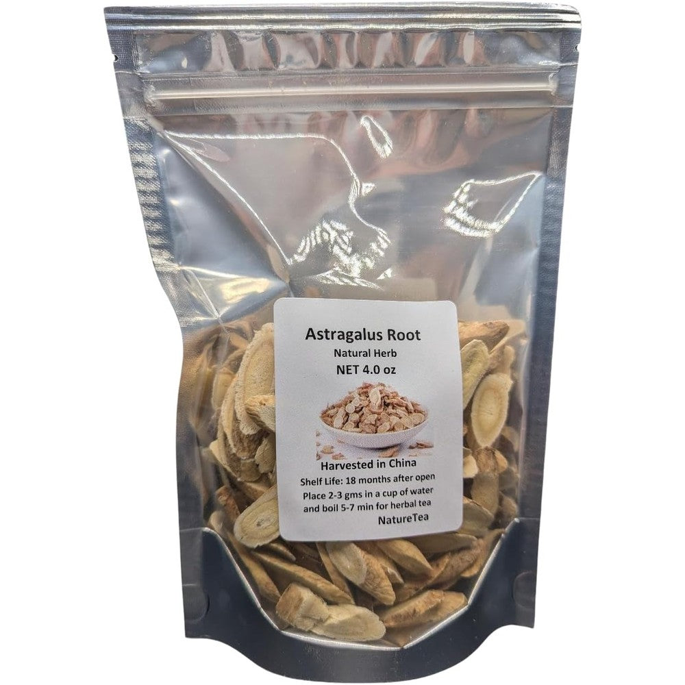 Nature Tea Astragalus Root Huang Qi Slices front view of the two ounce bag packaging for immune support.