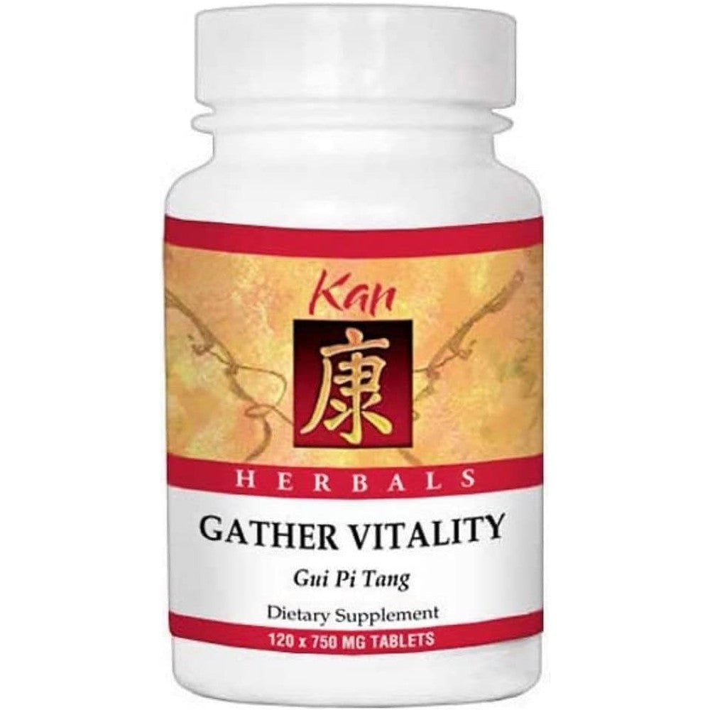 Kan Herbals Gather Vitality 120 Tablets bottle front view showing authentic herbal wellness supplement label.
