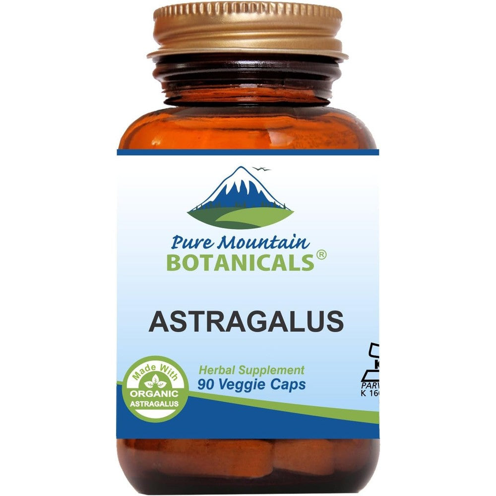 Pure Mountain Botanicals Organic Astragalus 470mg 90 Capsules front view for immune support.