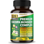 VEGATOT Premium Organic Bacopa Monnieri Complex 150 capsules bottle front view showing 10-in-1 formula details.