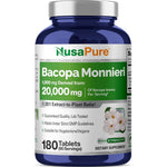 NusaPure Bacopa Monnieri Leaf Extract 180 tablets front bottle view for cognitive support.