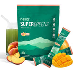 Nello Supergreens Premium Mango Peach drink mix front packaging view