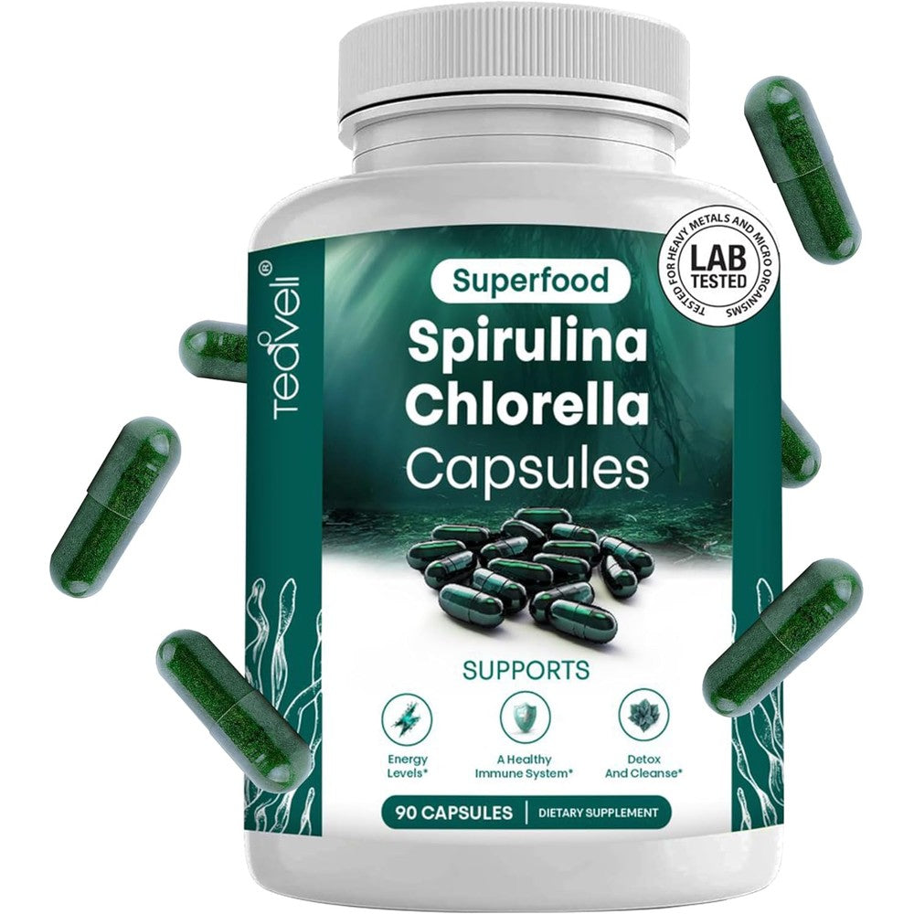 Teaveli Spirulina and Chlorella 90 Capsules bottle front view