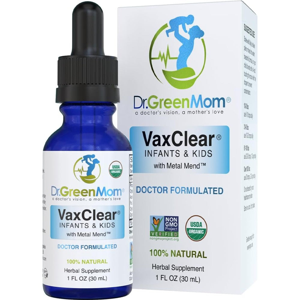 Dr. Green Mom Organic VaxClear Drops front view authentic heavy metal detox for kids