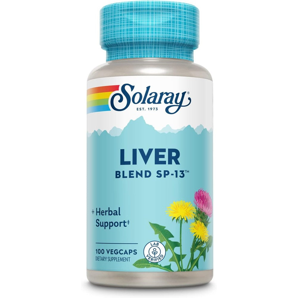 Solaray Liver Blend SP-13 100 vegetable capsules front view showing authentic blue cap packaging