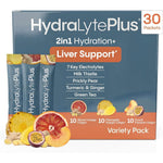 Hydralyte Plus Liver Support and Electrolyte Mix front packaging showing thirty powder packets