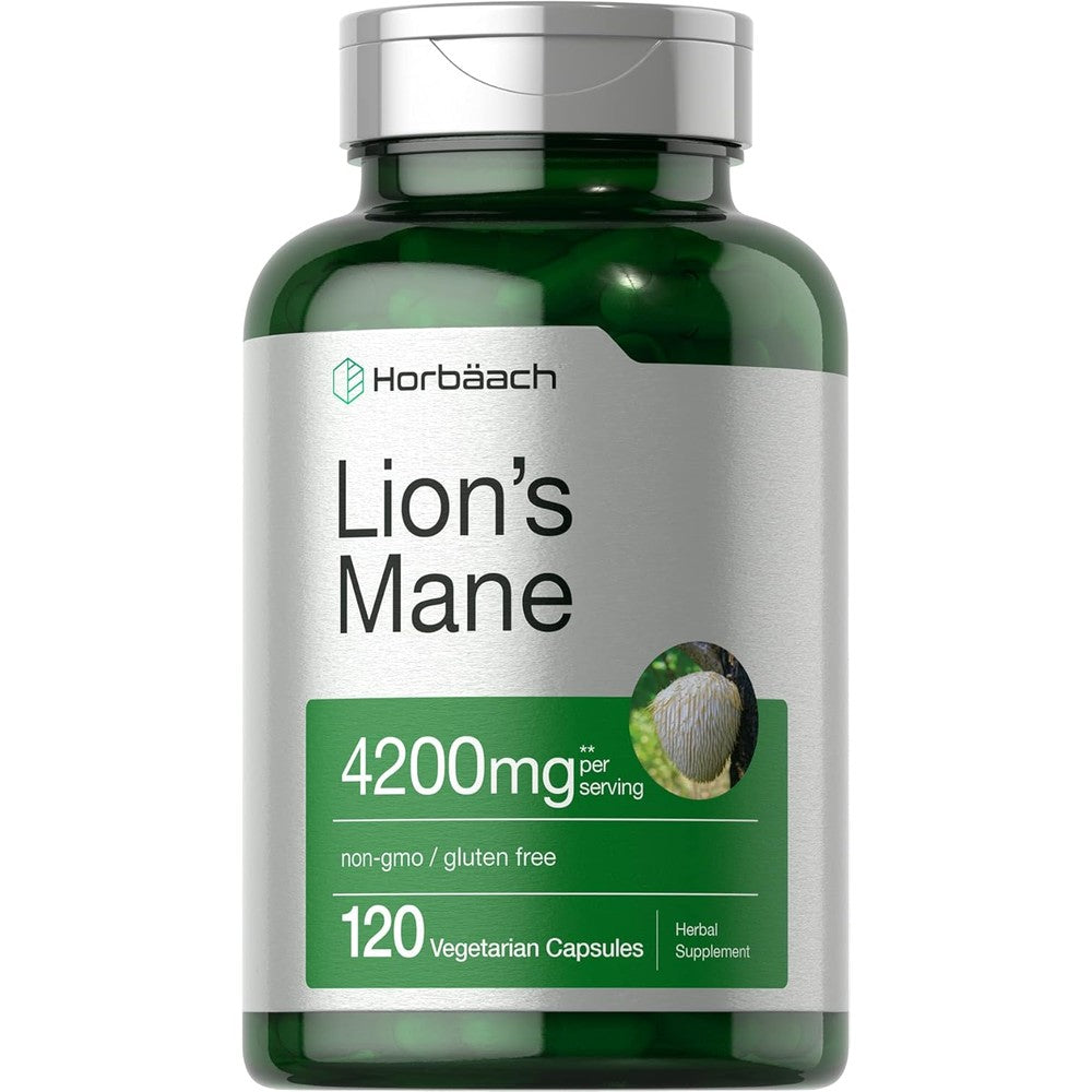 Horbäach Lions Mane Mushroom Extract 120 capsules front bottle view for cognitive support.