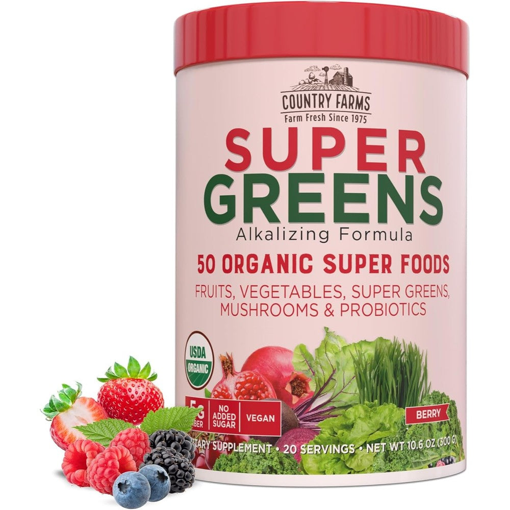 Country Farms Organic Super Greens Berry flavor 300g powder container front view showcasing the 50 organic superfoods label.