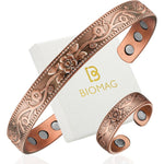 Biomag copper bracelet and ring set front view with floral engraving