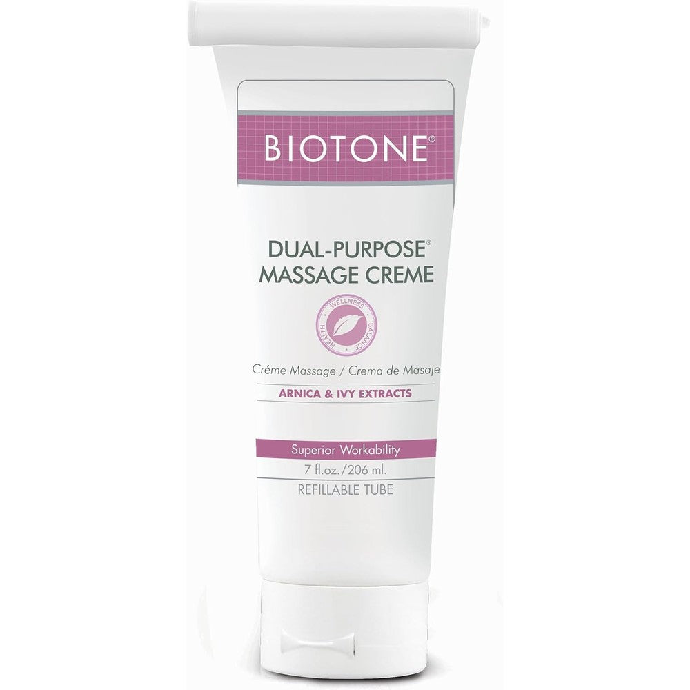 Biotone Dual Purpose Massage Creme 7 Fluid Ounce tube front view for professional body care.