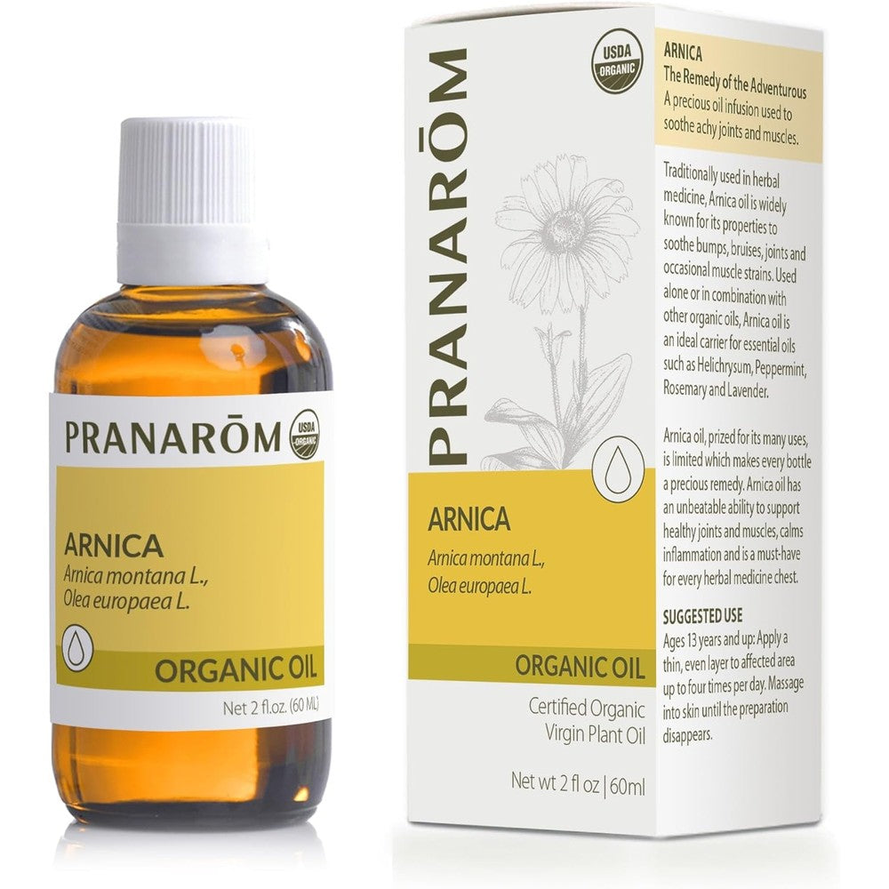 Pranarom USDA Certified Organic French Arnica Virgin Plant Oil front view bottle for muscle recovery