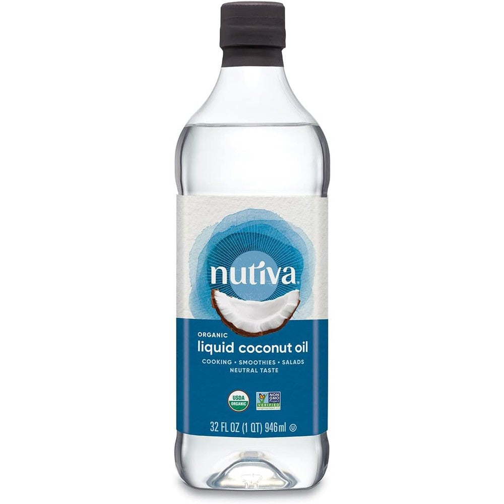 Nutiva Liquid Fractionated Organic Coconut Oil 32 fluid ounce front view bottle for cooking and skincare