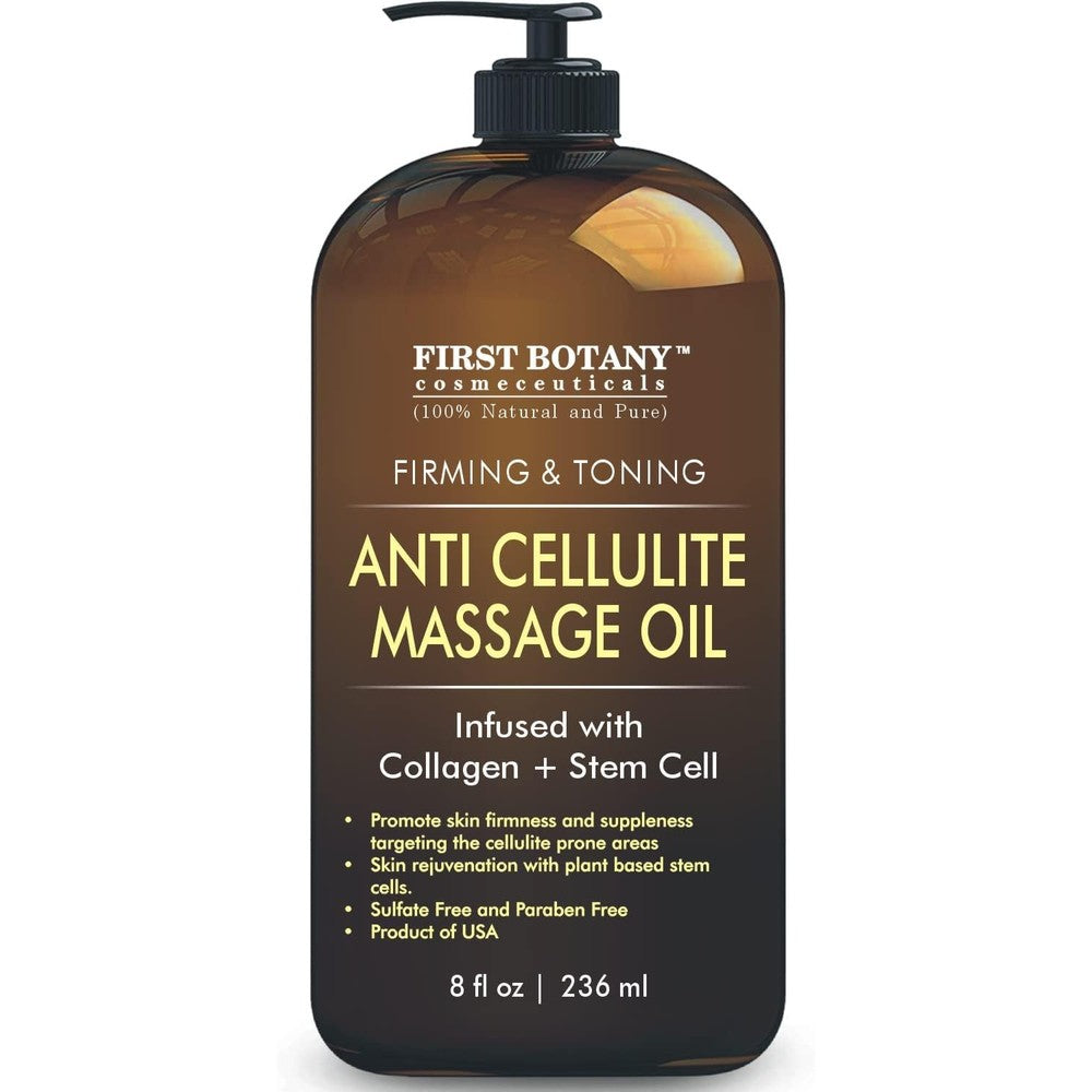 First Botany Anti Cellulite Massage Oil front view bottle showing collagen and stem cell formulation
