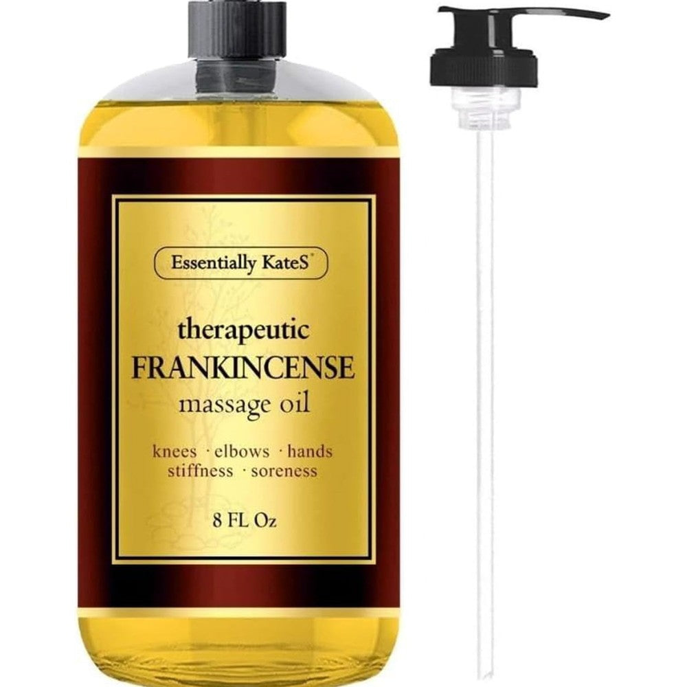 Essentially KateS Frankincense Massage Oil eight fluid ounce front view bottle for muscle relief