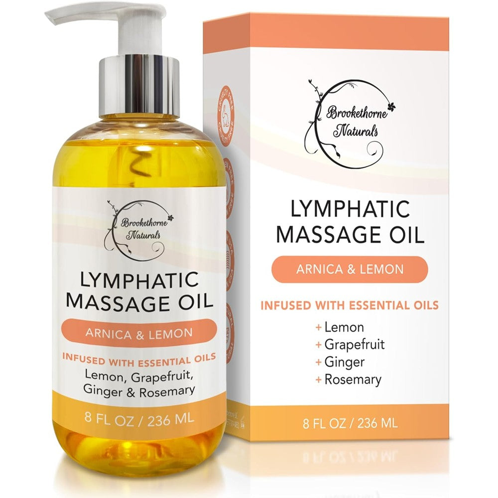 Brookethorne Naturals Lymphatic Drainage Massage Oil eight fluid ounce bottle front view displaying arnica lemon and ginger ingredients