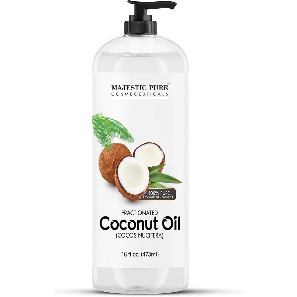 Majestic Pure Fractionated Coconut Oil 16 fluid ounce bottle front view showcasing authentic packaging.