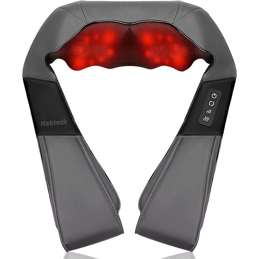 Nekteck Shiatsu Neck and Back Massager front view showing the premium black synthetic leather design and long adjustable handle straps.
