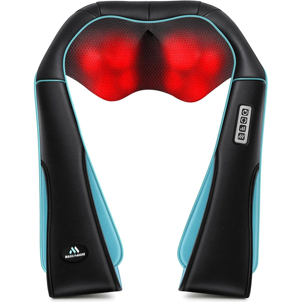 MagicMakers Electric Shiatsu Neck Massager front view showing black polyurethane leather cover and blue trim.