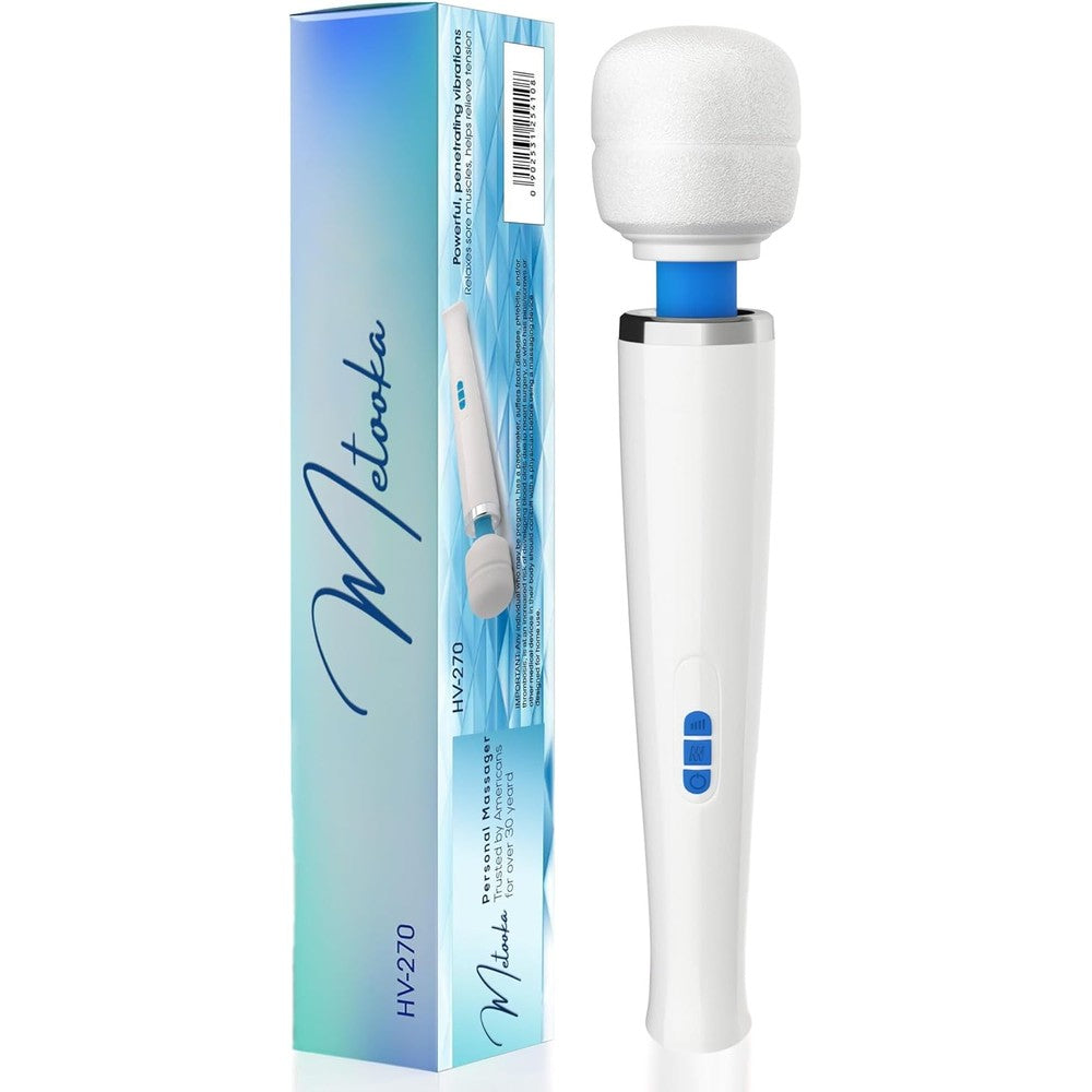 Metooka therapeutic cordless massager front view of packaging box showing product features