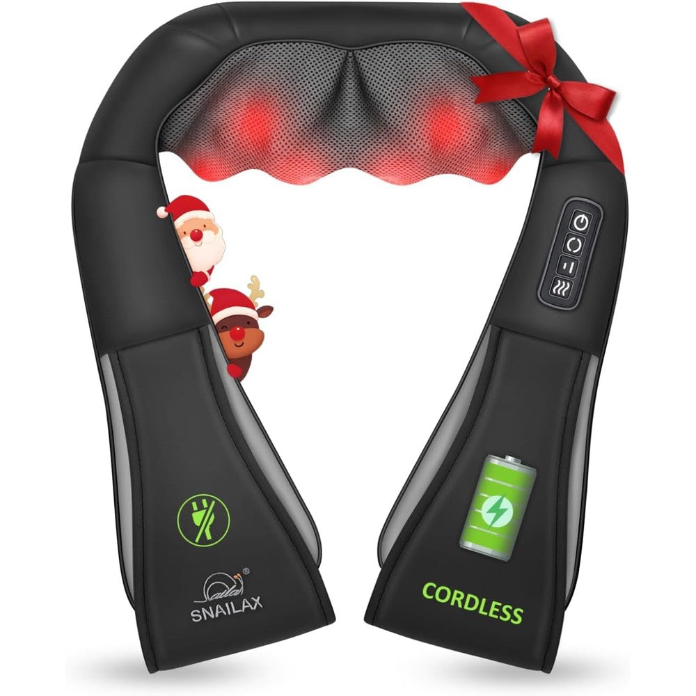 Snailax Cordless Shiatsu Neck and Shoulder Massager front view showing black premium polyurethane leather cover and control panel