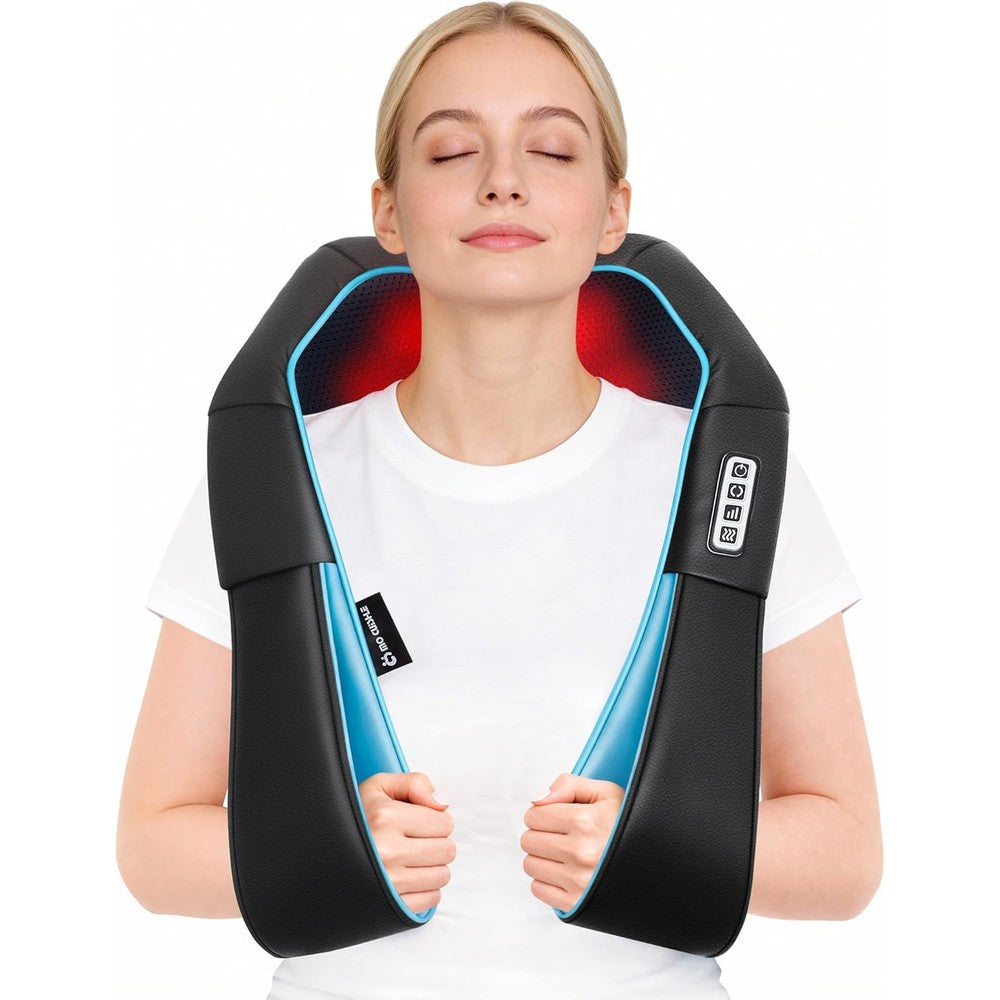 Mo Cuishle Shiatsu Neck Massager front view showing black faux leather exterior and premium blue mesh lining.
