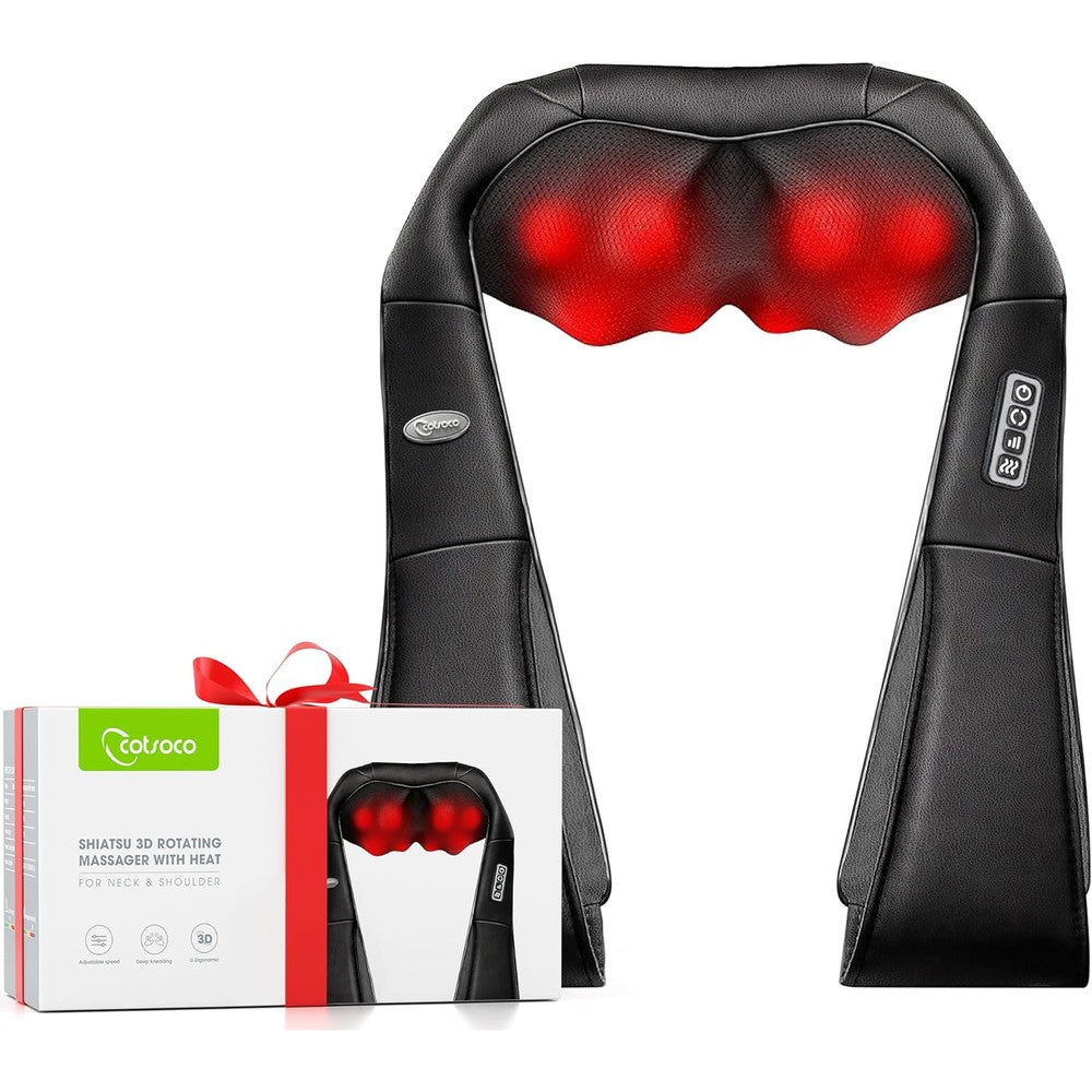 Cotsoco Shiatsu neck and shoulder massager with heat front view showing black faux leather casing and control panel buttons.