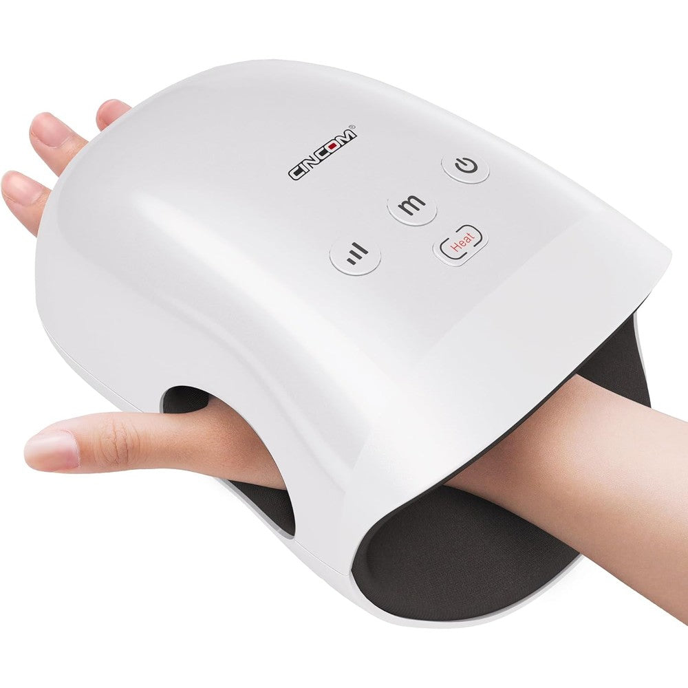 CINCOM Cordless Hand Massager front view showing sleek black exterior and intuitive top control panel buttons.