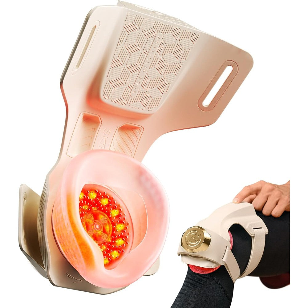 SKG WS500 knee massager front view showing pink design and gold control button for joint pain relief.