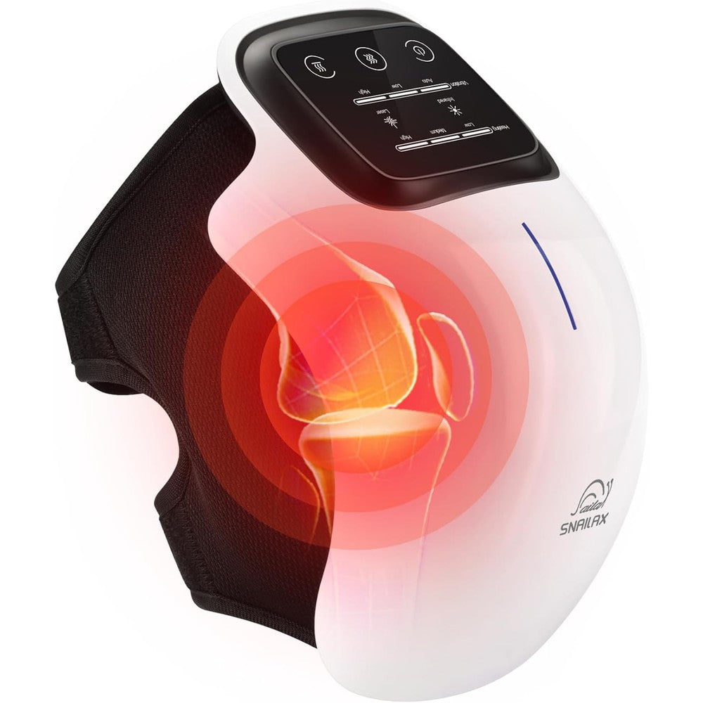 Snailax cordless knee massager front view showing the sleek black ergonomic wrap and integrated digital control panel.