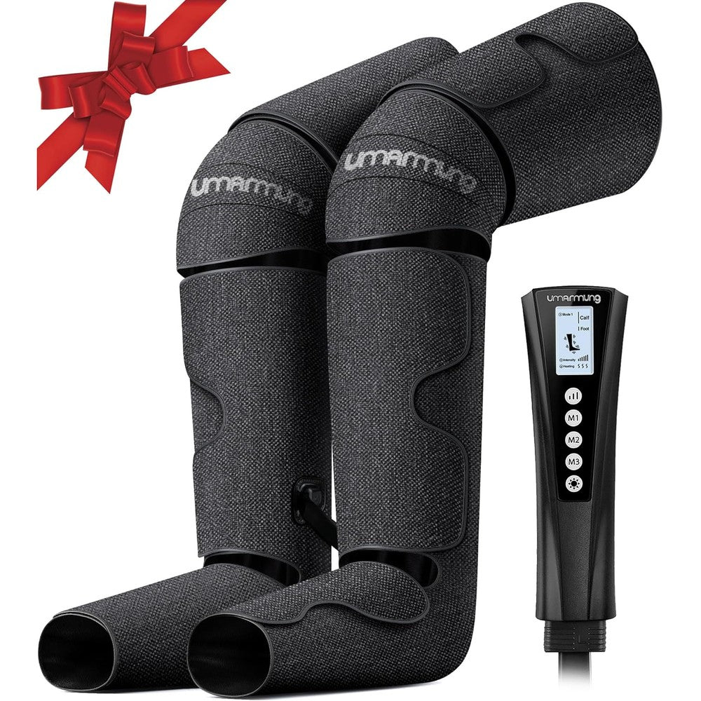 UMARMUNG air compression leg massager front view showing the full sleeve wraps on legs