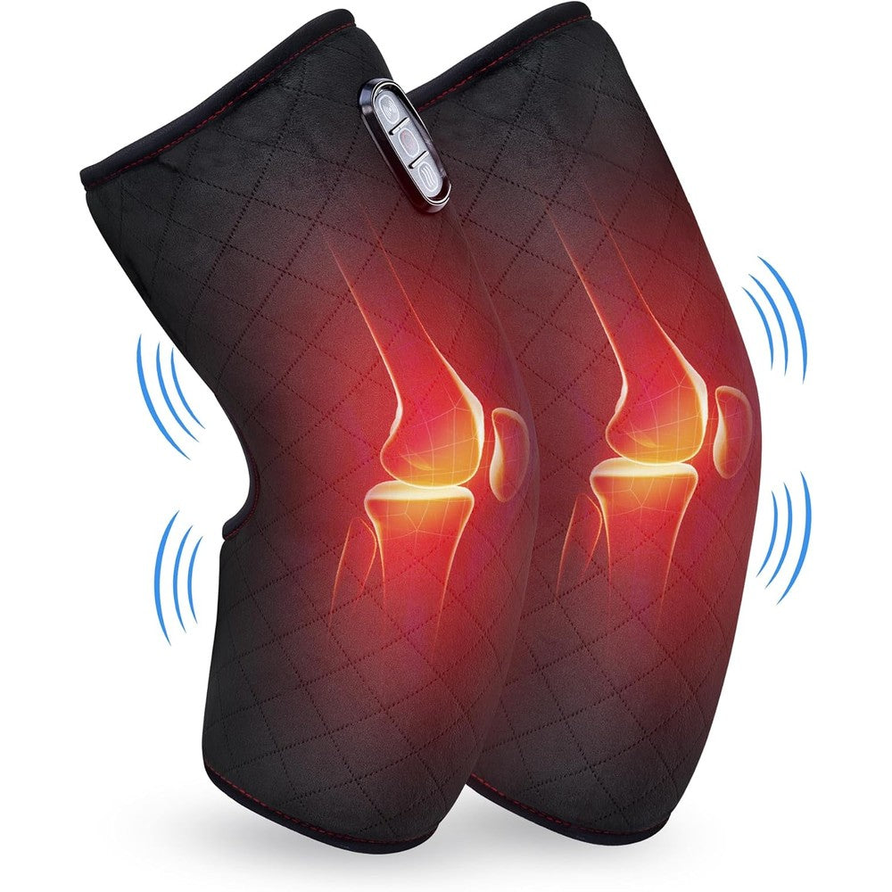 Comfier heated knee massager pair front view showing gray velvet straps and digital controller