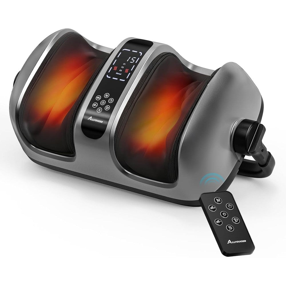 ALLYOUGER upgraded foot massager machine front view showing metallic gray exterior and premium LCD touch control panel.