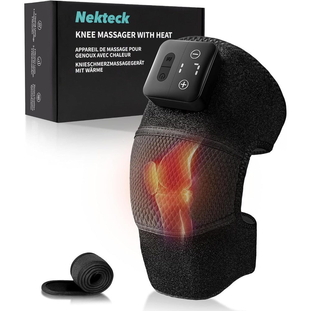 Nekteck Cordless Heated Knee Massager front view showing the sleek matte black finish and ergonomic wrap design.