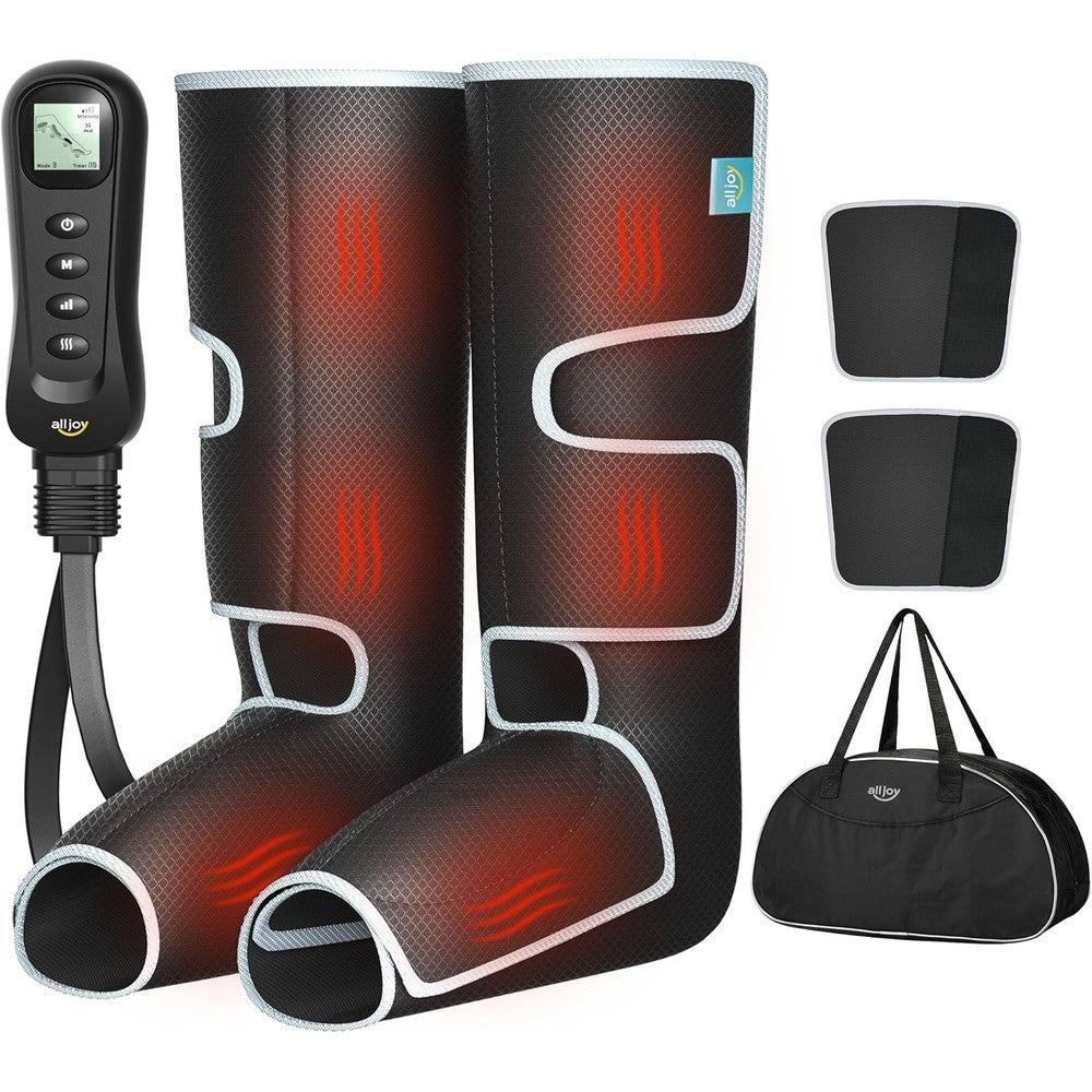 ALLJOY air compression leg massager front view showing calf and foot wraps connected to the digital handheld controller.