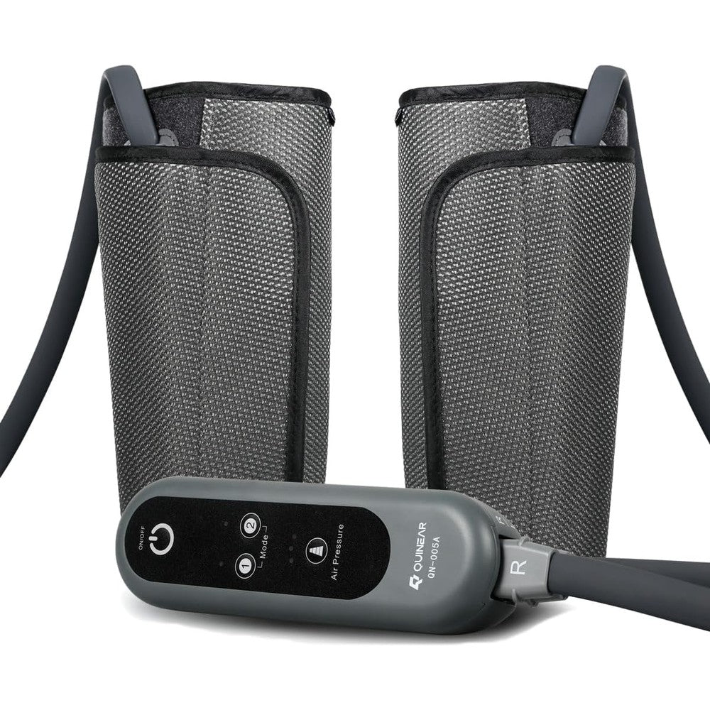 QUINEAR Air Compression Leg Massager front view showcasing the black fabric calf wraps and wired handheld controller setup.