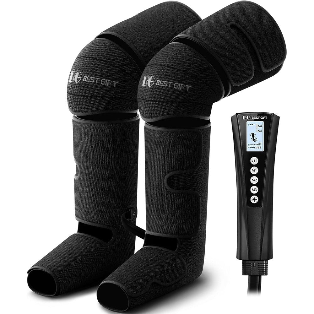 Bestgift air compression leg massager front view showing linen black wraps on feet and calves.
