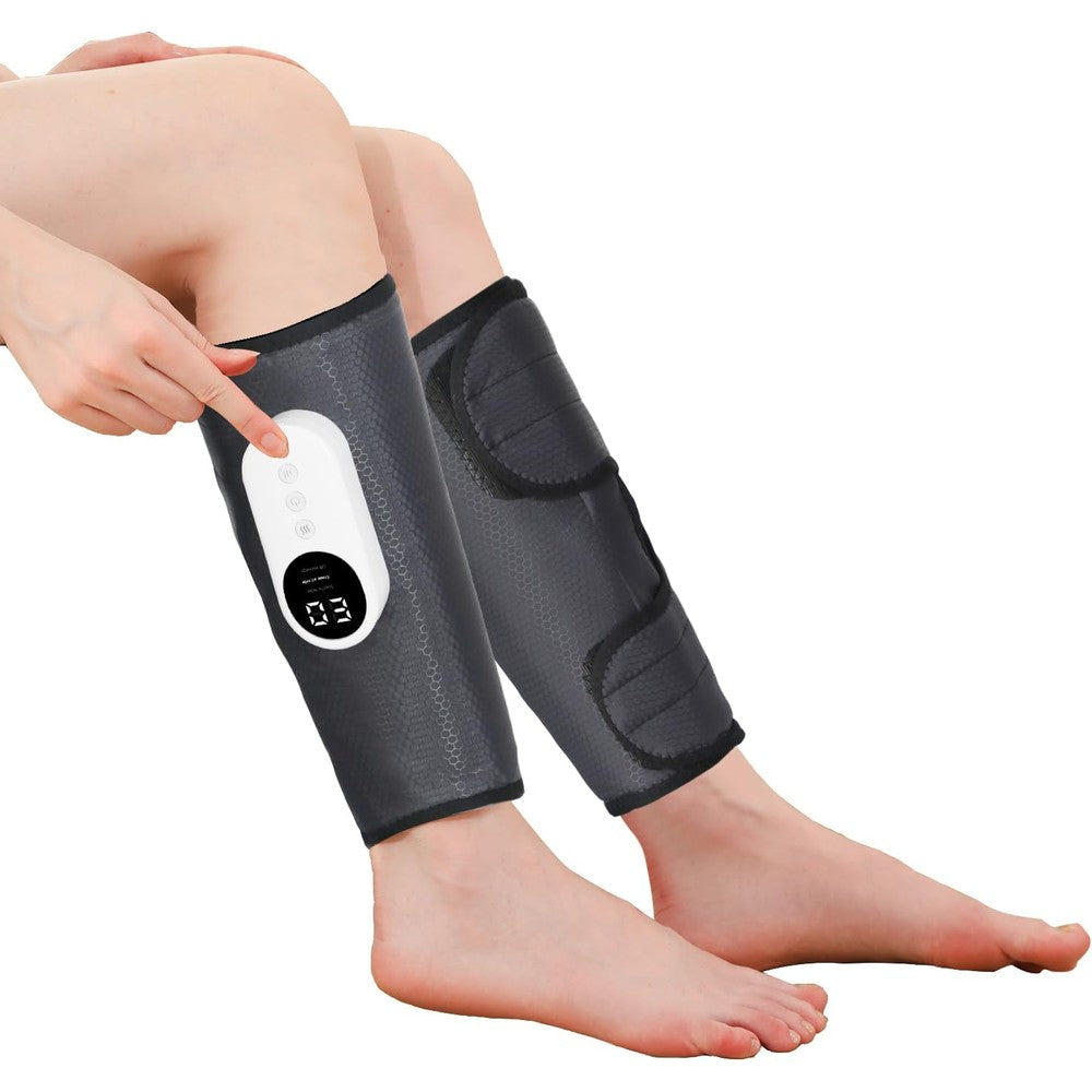 LINGTENG leg massager calf air compression front view showing gray fabric wraps and controls.