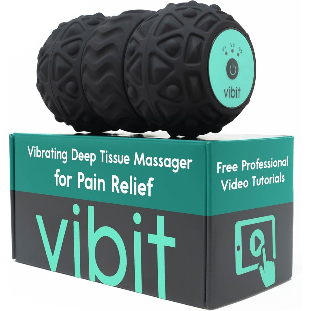Vibit vibrating massage roller front view showing black textured trigger points for foot pain relief