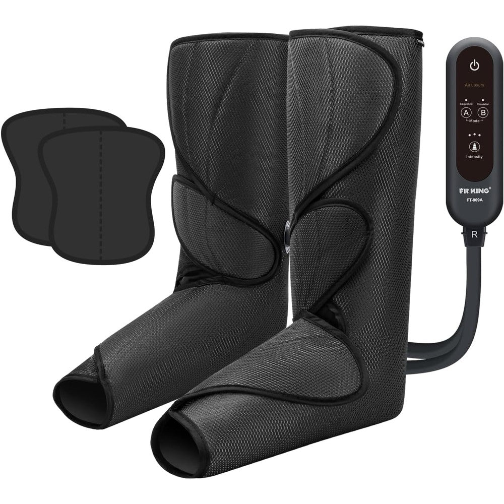 FIT KING leg massager front view showing compression boots wrapped on legs with handheld controller
