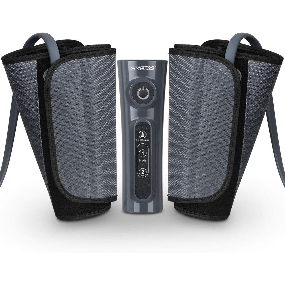 CINCOM Air Compression Leg Massager front view showing the gray microplush calf wraps and the corded handheld controller device.