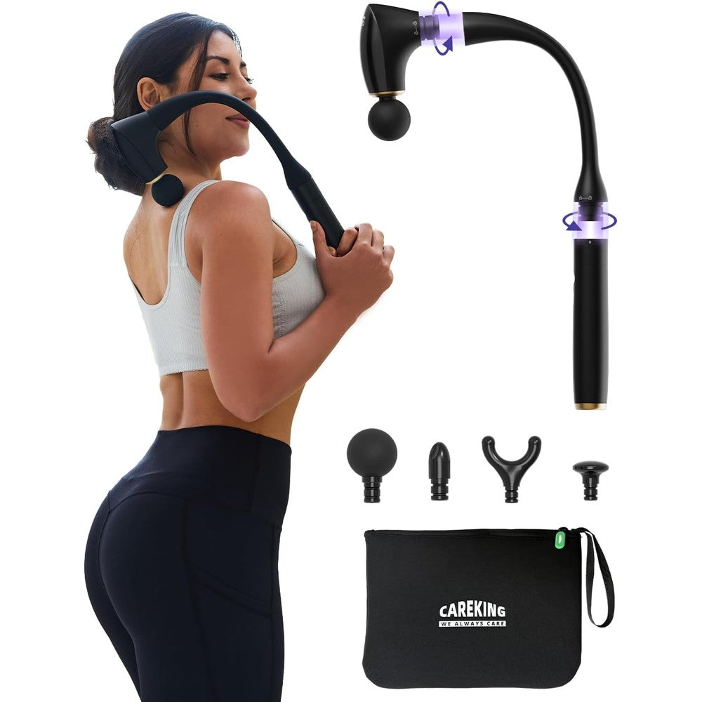 CAREKING 2-in-1 detachable percussion massage gun front view with long curved extension handle attached